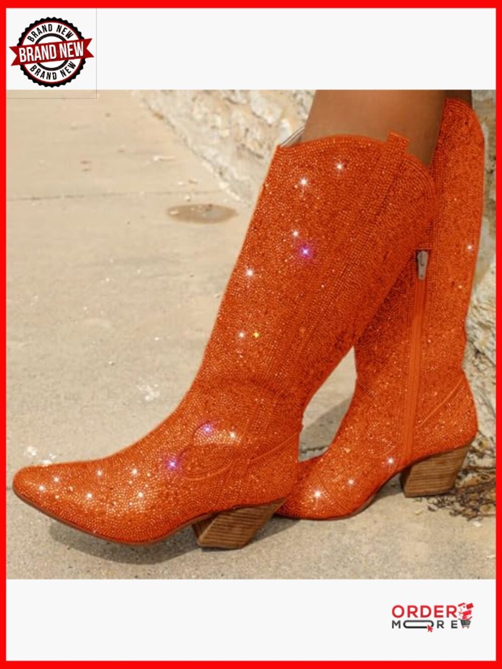 Women's Rhinestone Western Boots Pointed Toe Chunky Heel Knee High Side Zipper - Picture 6 of 6